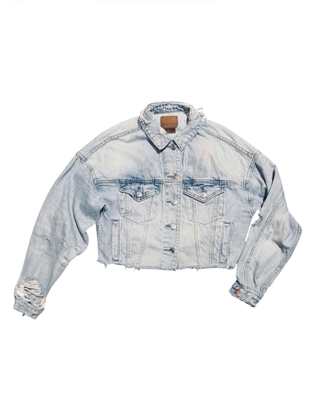 American Eagle Distressed Cropped Denim Jacket Size XS 100% Cotton